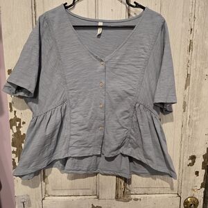 Elegant V-Neck Button-Down Blouse - Soft Blue